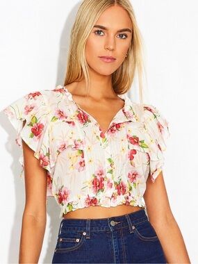 LoveShackFancy Nora Island Vibes Floral Ruffle Crop Top Size S